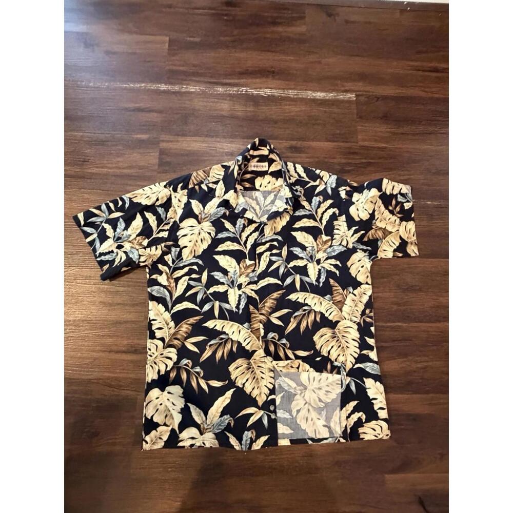 Campia Moda Hawaiian Shirt L Tropical Leaf Print Black Short Sleeve 100% Cotton